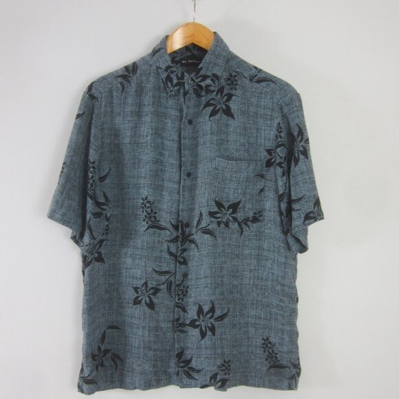 Axcess Men Medium 100% Silk Steel Blue Black Floral  Hawaiian SS Button Up Shirt - Picture 1 of 5